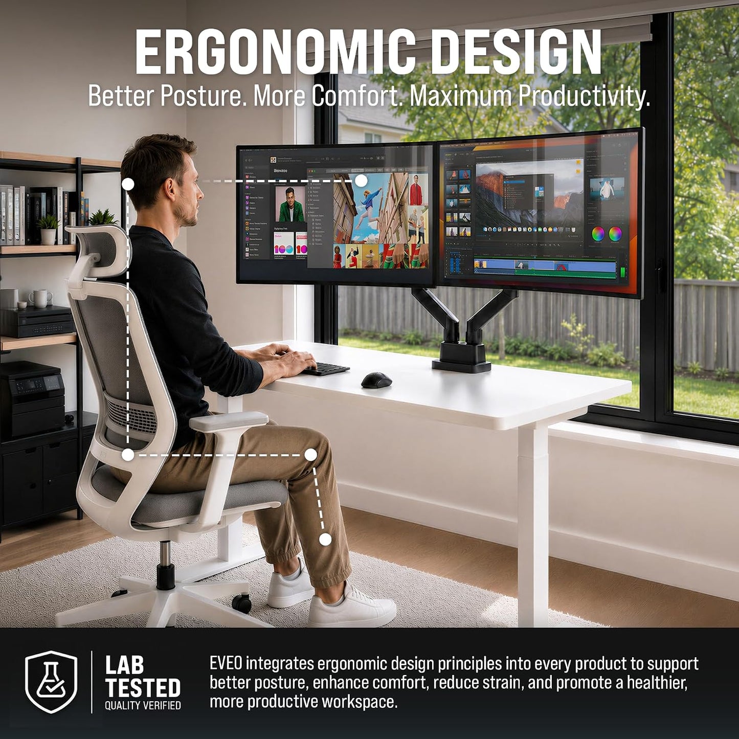 EVEO Premium Dual Monitor Mount 14"-32” Dual Monitor Arm VESA Bracket Adjustable Height Gas Spring Dual Monitor Stand, Screen Full Motion Dual Monitor Arm-Computer Monitor Stand for 2 Screens - Black