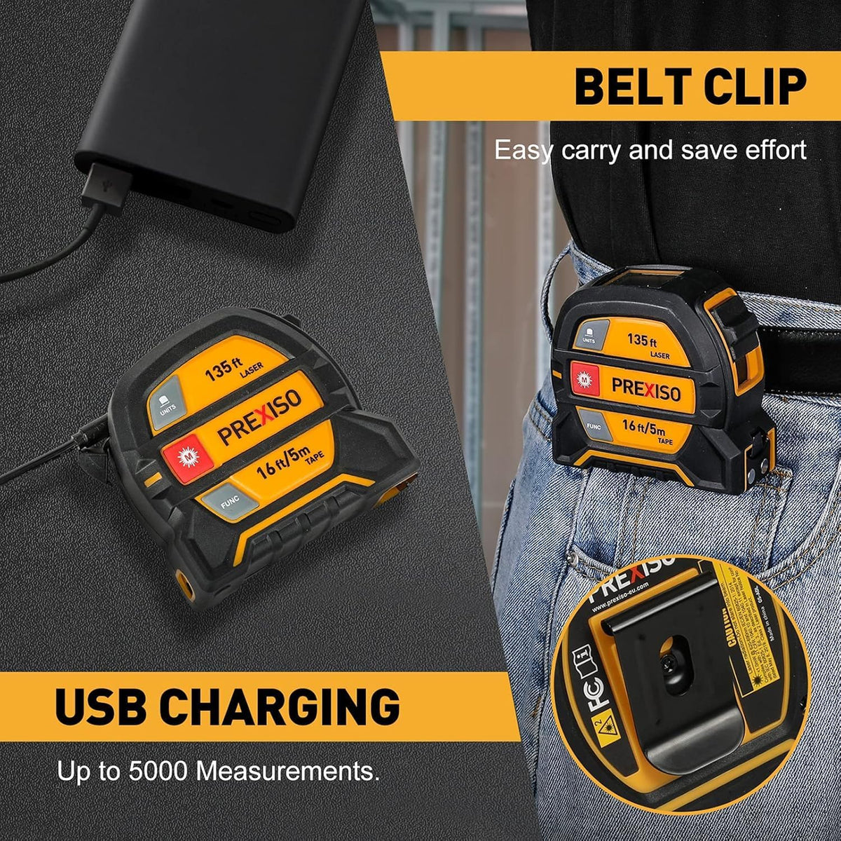 PREXISO 2-in-1 Laser Tape Measure 135Ft Rechargeable Laser Measurement Tool | 16Ft Measuring Tape with Movable Magnetic Hook - Pythagorean, Area, Volume, Ft/Ft+in/in/M Unit NOT Digital
