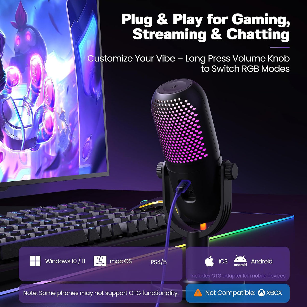 USB Microphone for PC Gaming: Condenser Microphone RGB for Gamer with Stand Mic - Recording Mic for Computer&amp;Laptop with Qiuck Mute - Desk Podcast Mic for Podcast &amp; Singing &amp; Streaming &amp; Youtube Black