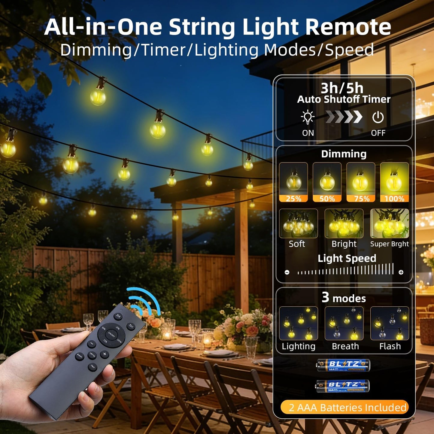 100FT Solar Lights Outdoor Waterproof: G40 30M Shatterproof Bulbs Patio Lights - Solar Powered Remote Control 3 Light Modes Dimmable Solar Light - Camping Backyard Garden Deck Outside Yard