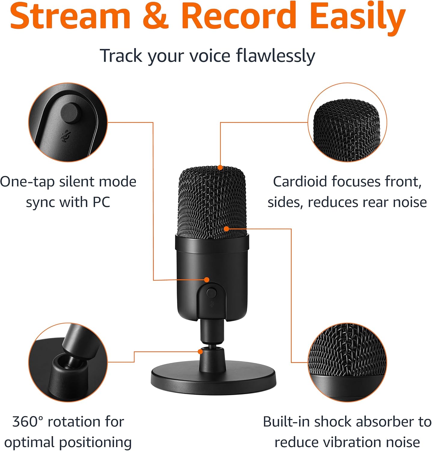 Amazon Basics Condenser Microphone for PC, Cardioid Pickup, USB Mic for Streaming, Recording, and Podcasting, 360° Adjustable Stand, Plug and Play, 5.8" x 3.4", Black