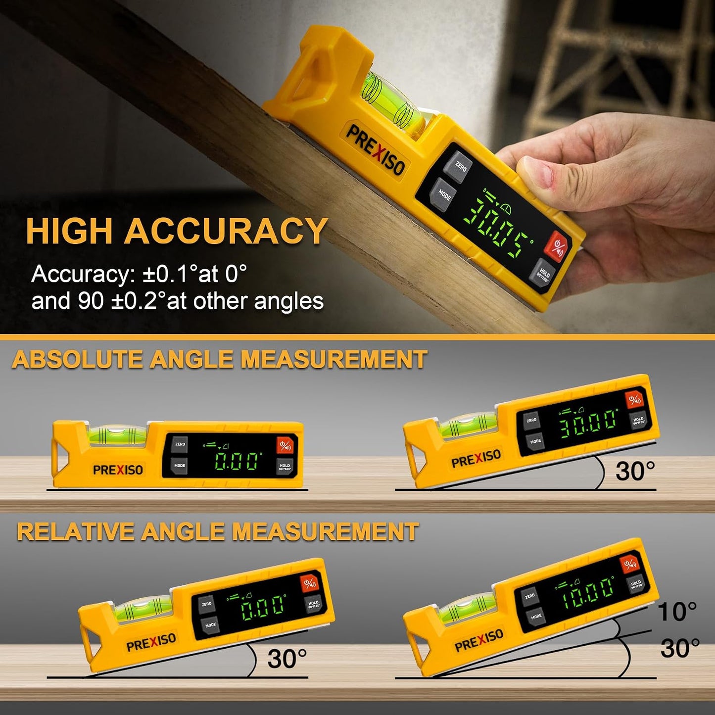 PREXISO Digital Level & Digital Protractor, 7" Angle Finder 0-90° & 0-180° | Electronic Bubble Inclinometer with Magnetic V-Groove & Audio Indicator for Woodwork, Saw & Home Drainage Leveling