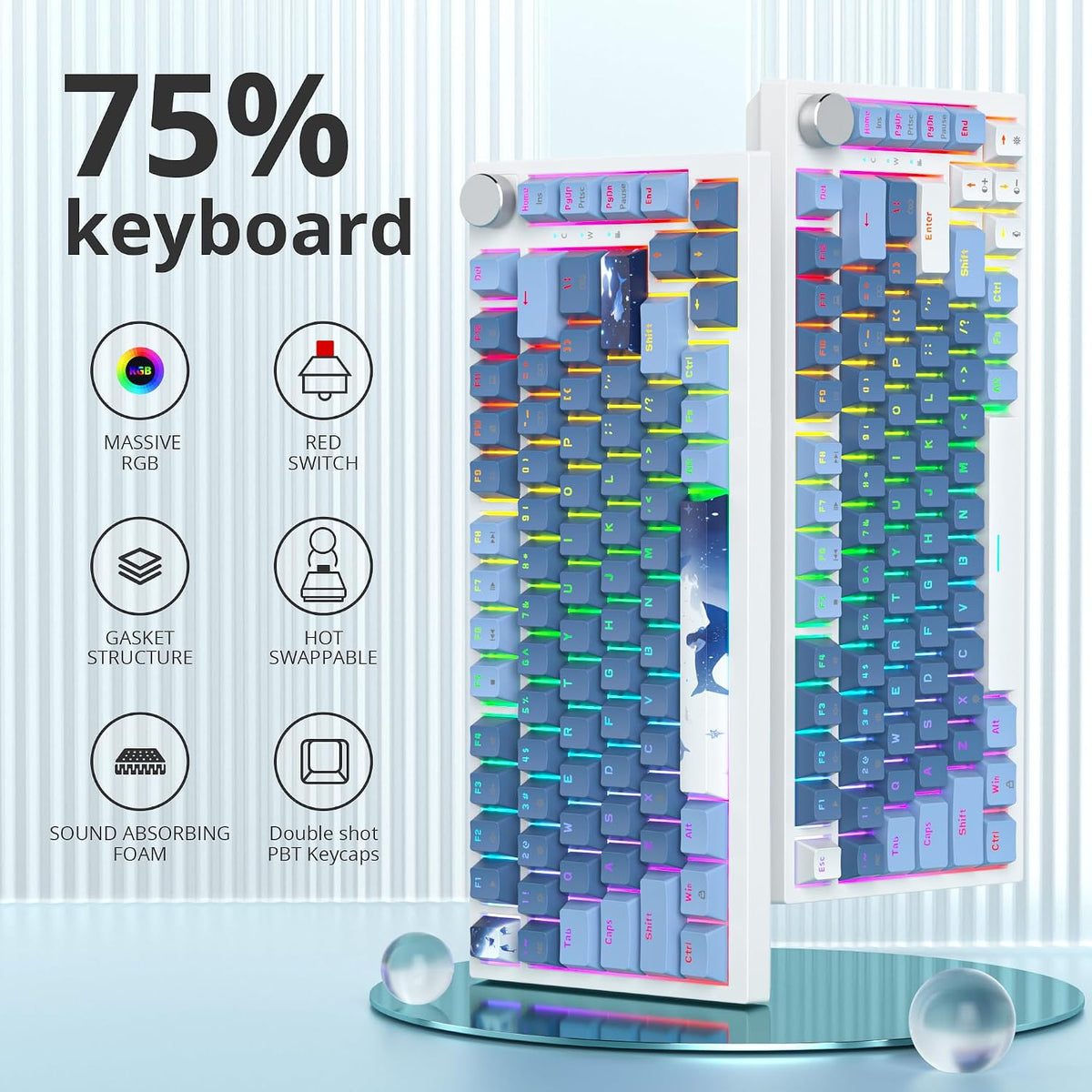 Guffercty kred 75% Percent Blue Keyboard Gasket Mount with Knob, Hot-swappable RGB Wired Mechanical Gaming Keyboard Programmable for Mac/Win (82 Sea Fog Blue)