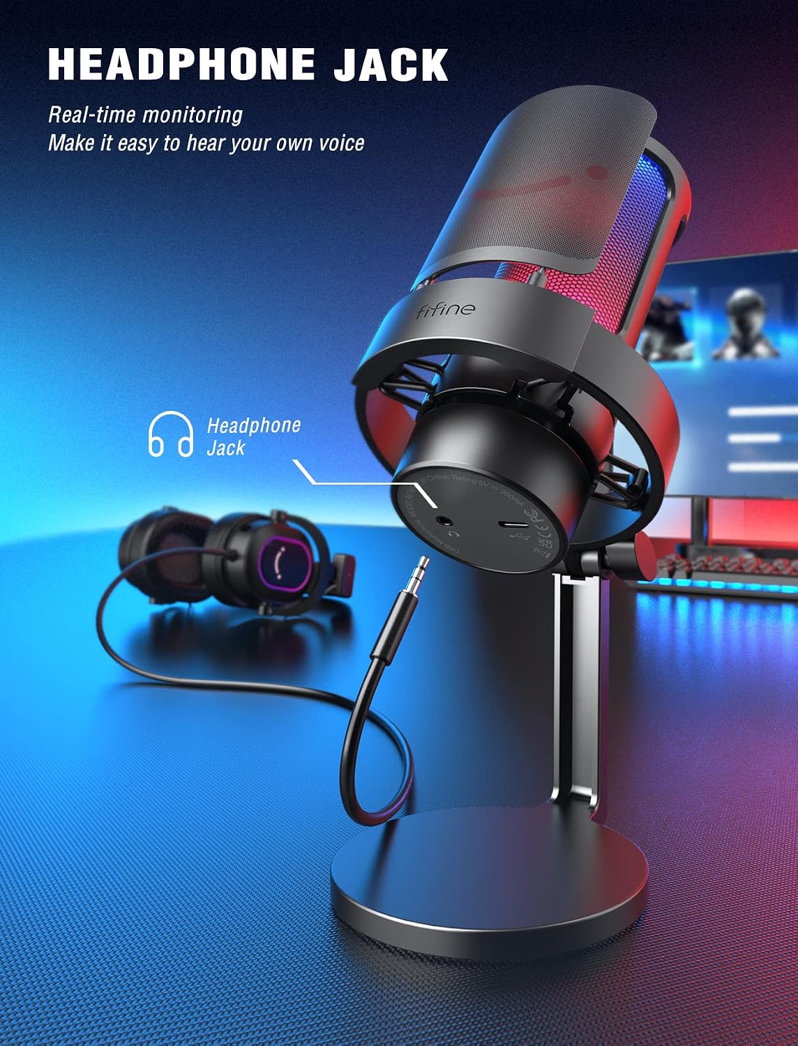 FIFINE AmpliGame A8 USB Gaming Condenser Microphone with RGB Control for PC | RGB Control, Gain Knob, Quick Mute, Desktop Mic, Headphone Jack, Shock Mount, Pop Filter, for PS4/5 Discord Twitch Podcasts