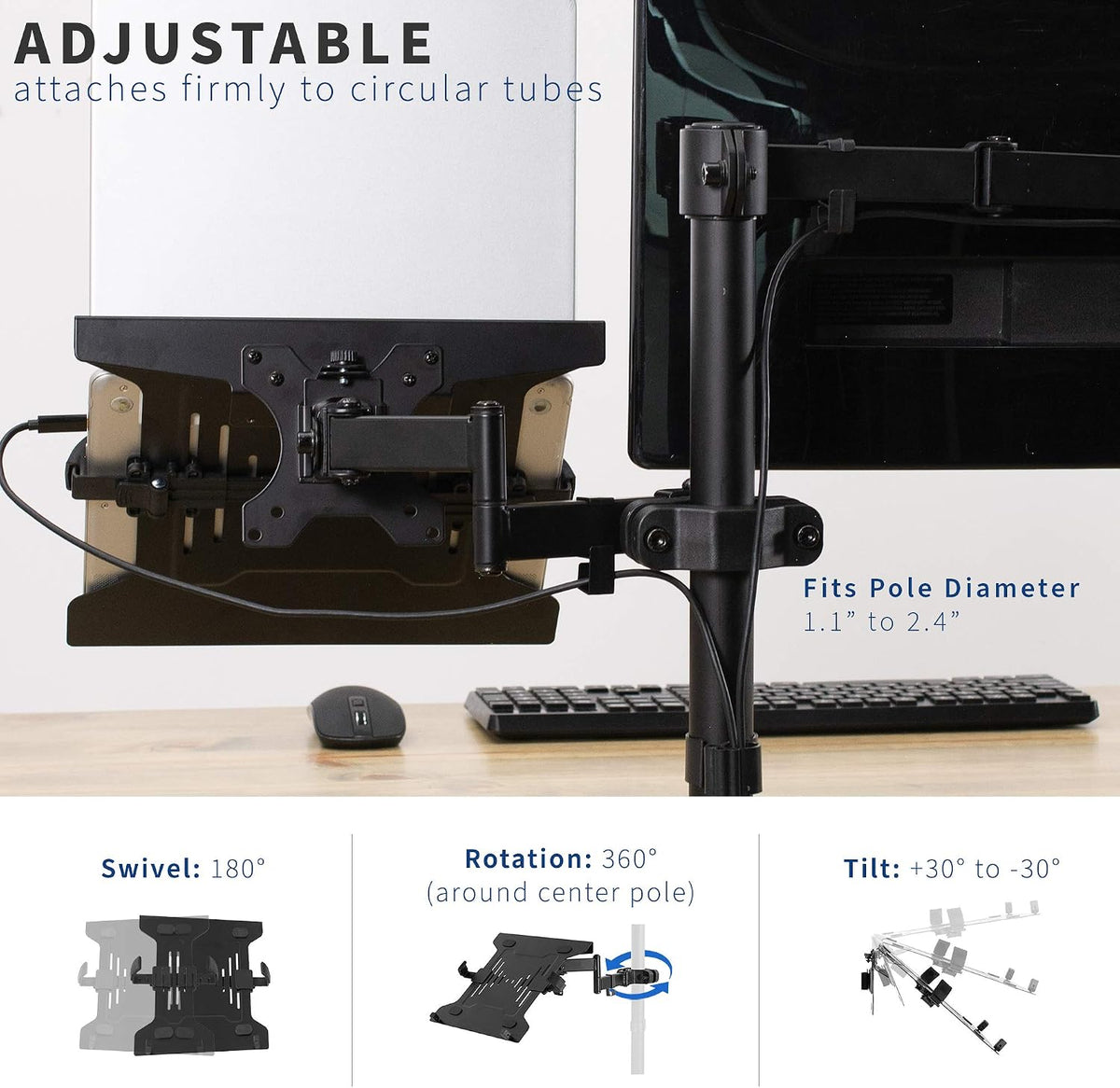 VIVO Steel Universal Full Motion Pole Mount Laptop Holder Arm with Removable 75mm and 100mm VESA Plate, Fits 10 to 15.6 inch Laptops, Black, MOUNT-PL1A-LAP3