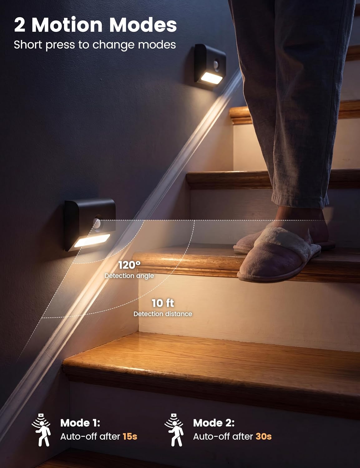 VOLISUN Rechargeable Motion Sensor Stair Lights Indoor, 3 Color Temperature LED Night Light with Light Sensor, Magnetic Stick-on Stair Lights for Hallway Bathroom Bedroom Closet Steps Black 8 Pack