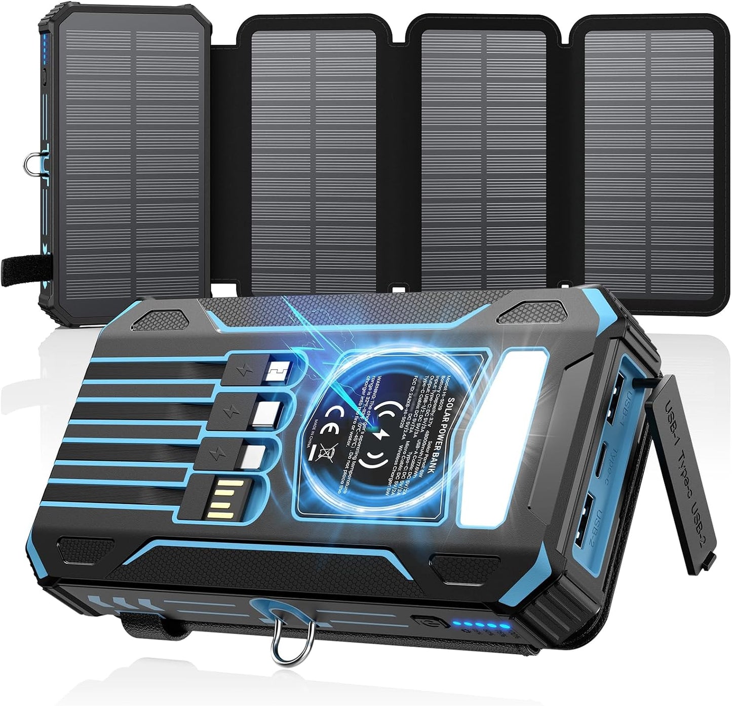SOARAISE Solar Power Bank 48000mAh Wireless Battery Pack with 4 Cables | Solar Charger with 4 Solar Panels, Built in 4 Cables, PD QC 3.0 Fast Charging, Flashlight for Camping Travel, Rugged Design