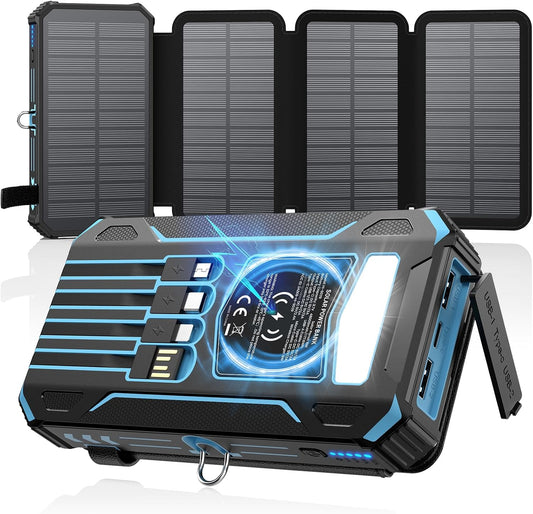 SOARAISE Solar Power Bank 48000mAh Wireless Battery Pack with 4 Cables | Solar Charger with 4 Solar Panels, Built in 4 Cables, PD QC 3.0 Fast Charging, Flashlight for Camping Travel, Rugged Design