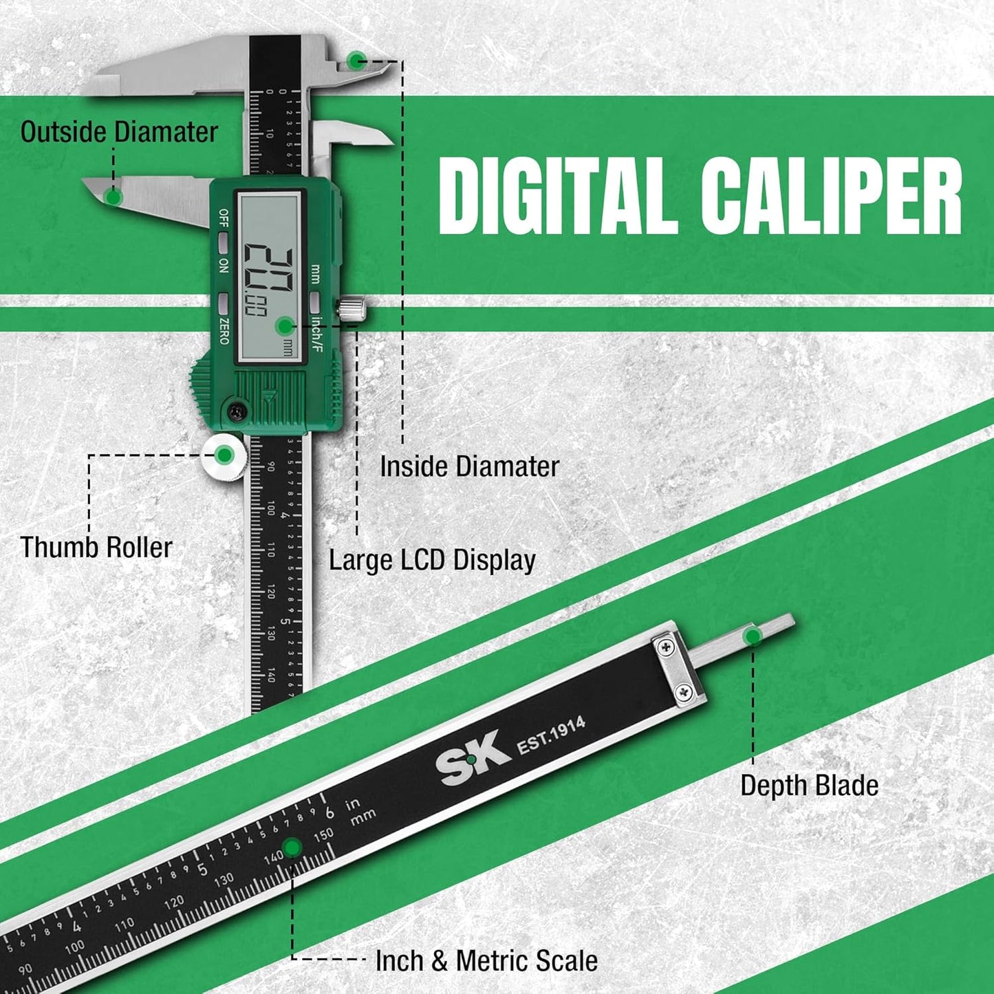 SK 6'' Digital Calipers, Vernier Caliper Measuring Tool, ±0.001" Accuracy | Electronic Calibrador with Large LCD Screen, Auto-Off Feature, Inch/Millimeter/Fraction Conversion