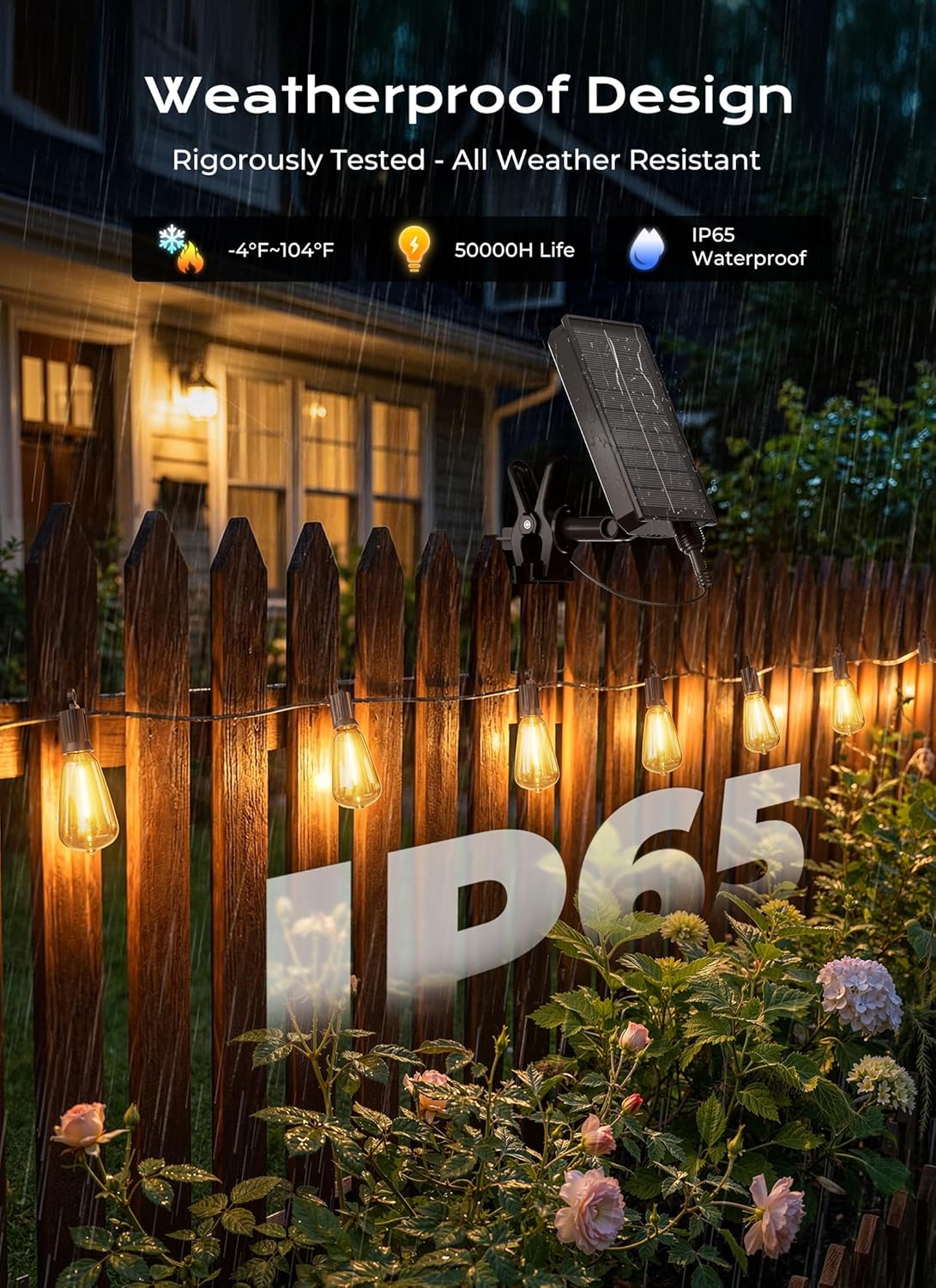 Brightown 52FT Solar String Lights Outdoor Waterproof, Up to 26Hrs Runtime | 15+1 LED Bulbs, USB & Solar Powered, Remote Control & Dimmable Timer, Ideal for Backyard, Garden, Camping & Party Decor