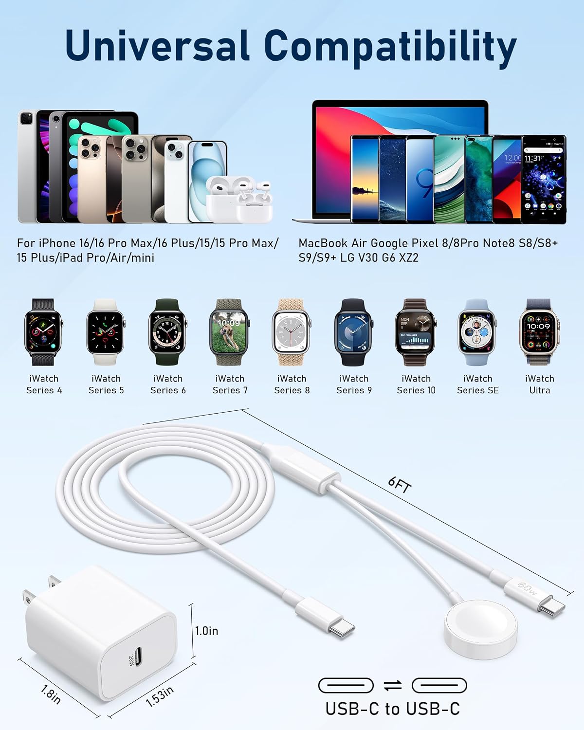 Upgraded 2-in-1 for Apple Watch Charger 6FT + iPhone 17 16 15 Fast Charger | USB-C iWatch Magnetic Charging Cable with 20W Wall Charger Block for iWatch Ultra3/SE3/11/10/9/8/7/6/5/4/3/2, iPhone 17/16/15
