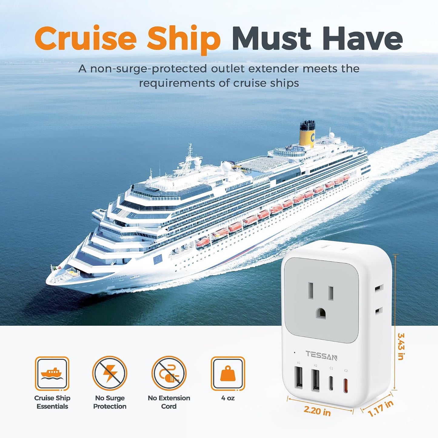 TESSAN USB C Charger Block 20W PD, Fast Charging Adapter with Foldable Plug | 1875W Power Outlet Extender(4 AC and 4 USB) for Cruise, Home, Office, Dorm Room Essentials, Grey
