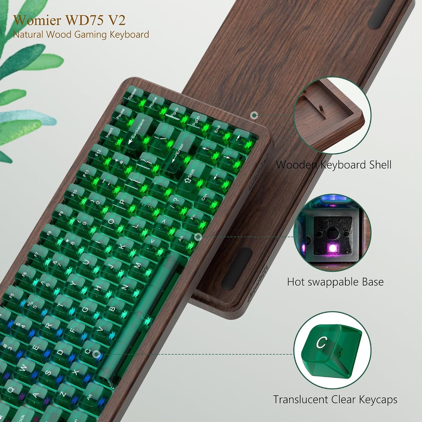 Womier 75% Mechanical Keyboard Wireless with QMK/VIA, WD75 V2 Wood Gaming Keyboard 8000mAh Battery, Tri-Mode Custom Key Board RGB Hot Swappable with Translucent Clear Keycaps-POM Linear Switch