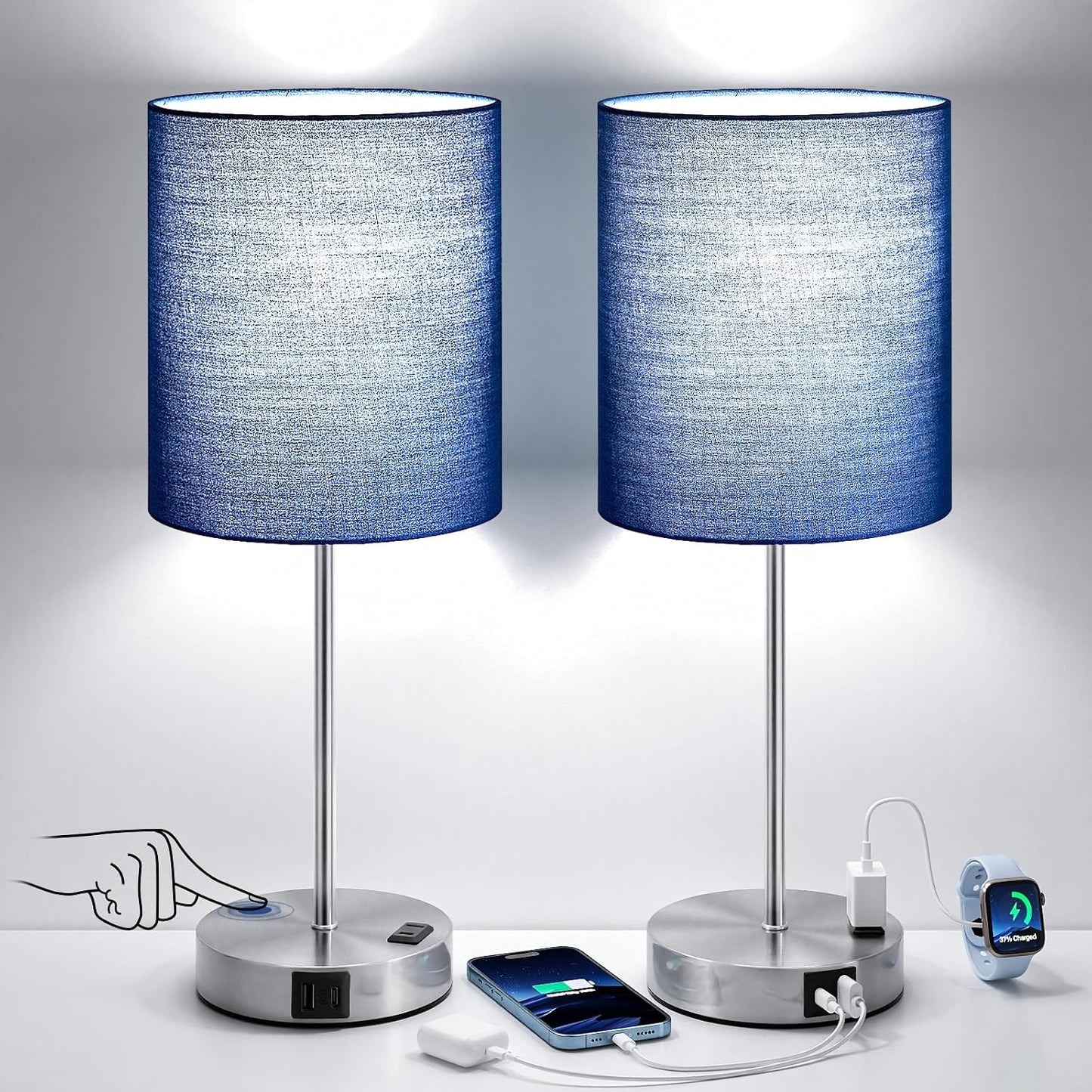 Touch Lamps for Bedroom Set of 2 - Dimmable, USB C+A, AC Outlet | Large 17.6" Tall Lamp, 3-Way Dimming, 5000K Daylight Bulbs, Navy Blue Lampshade Silver Base, Decor for Living Room, Boys, Men