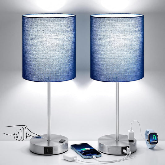 Touch Lamps for Bedroom Set of 2 - Dimmable, USB C+A, AC Outlet | Large 17.6" Tall Lamp, 3-Way Dimming, 5000K Daylight Bulbs, Navy Blue Lampshade Silver Base, Decor for Living Room, Boys, Men