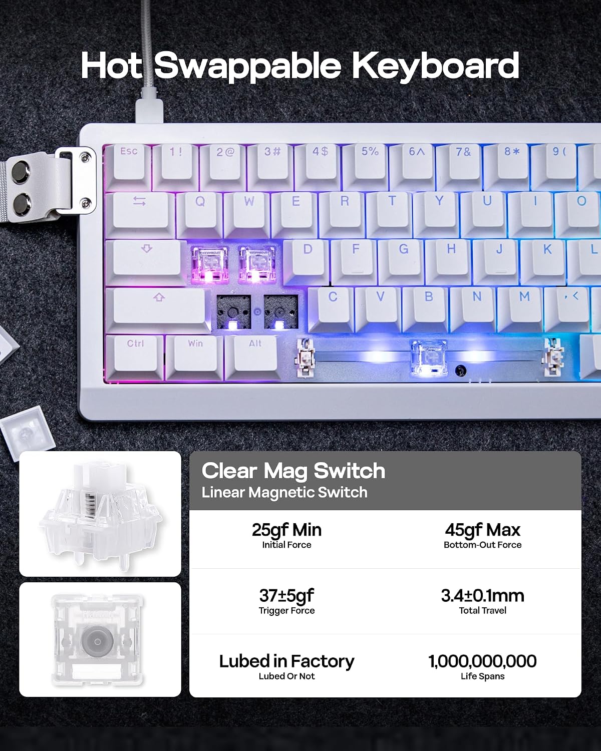 EPOMAKER HE68 Lite Hall Effect Gaming Keyboard, 8k Polling & 128K Scan Rate, 0.01mm Adjustable Trigger, 0.125ms Latency, 5-Layer Sound-Dampened, Snap Key, SOCD, A-RGB, Wired, Mac Software (White)