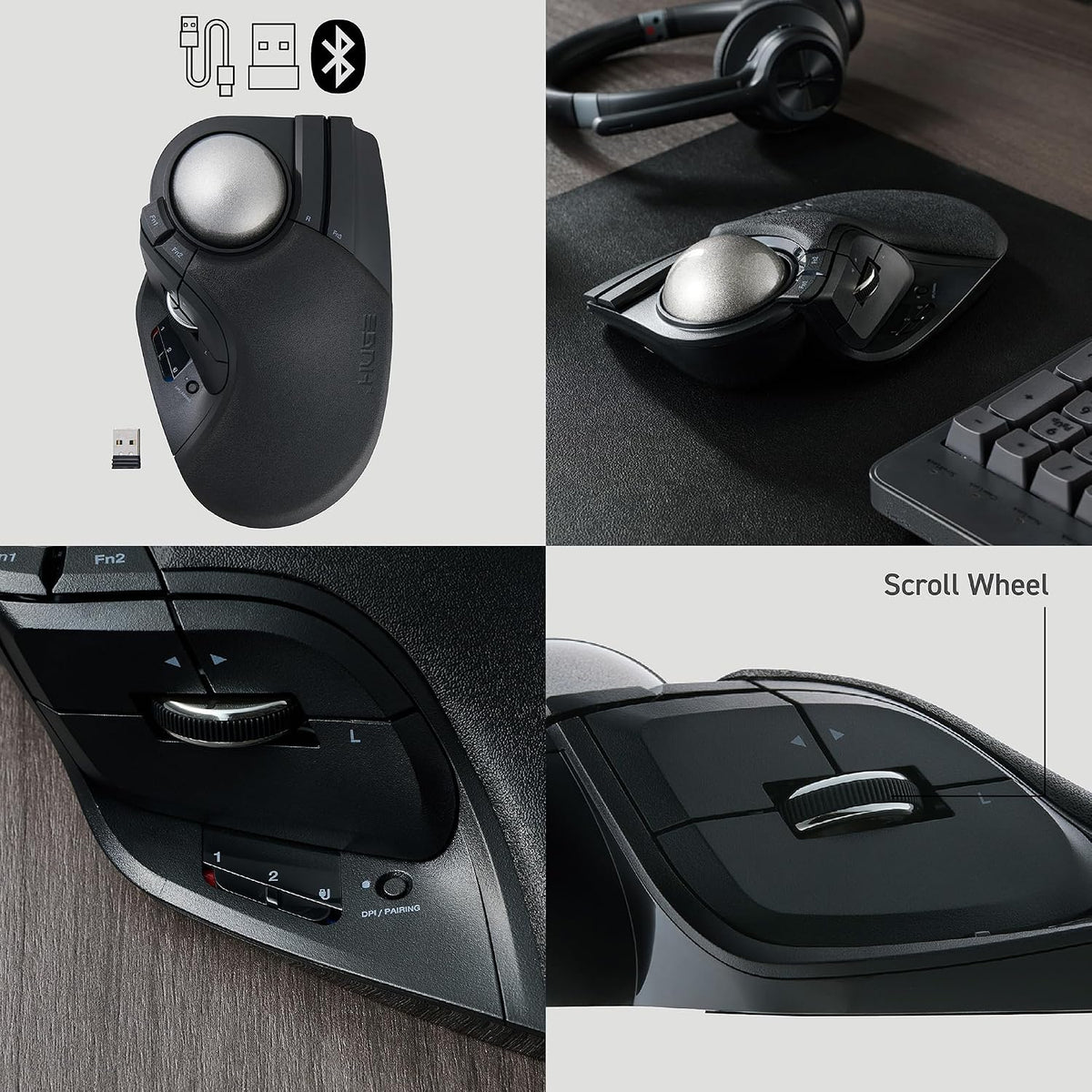 ELECOM Huge Plus Wireless Trackball Mouse, Ergonomic 52mm Large Ball, Multi-Connection Bluetooth, 2.4GHz Wireless, Wired, 10 Programmable Buttons, Rechargeable, Silent Clicks, for Windows PC Mac iPad