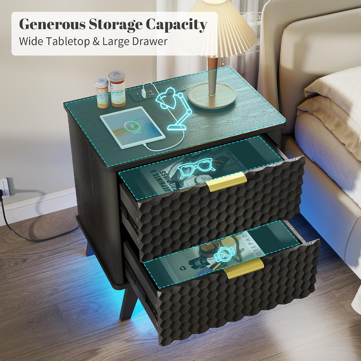 LVSOMT Smart Nightstand with Charging Station and LED Lights