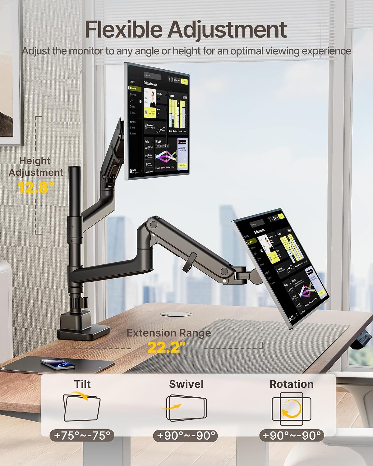 monTEK Dual Monitor Arm, Vertical Stackable 17-57", Heavy Duty，Black