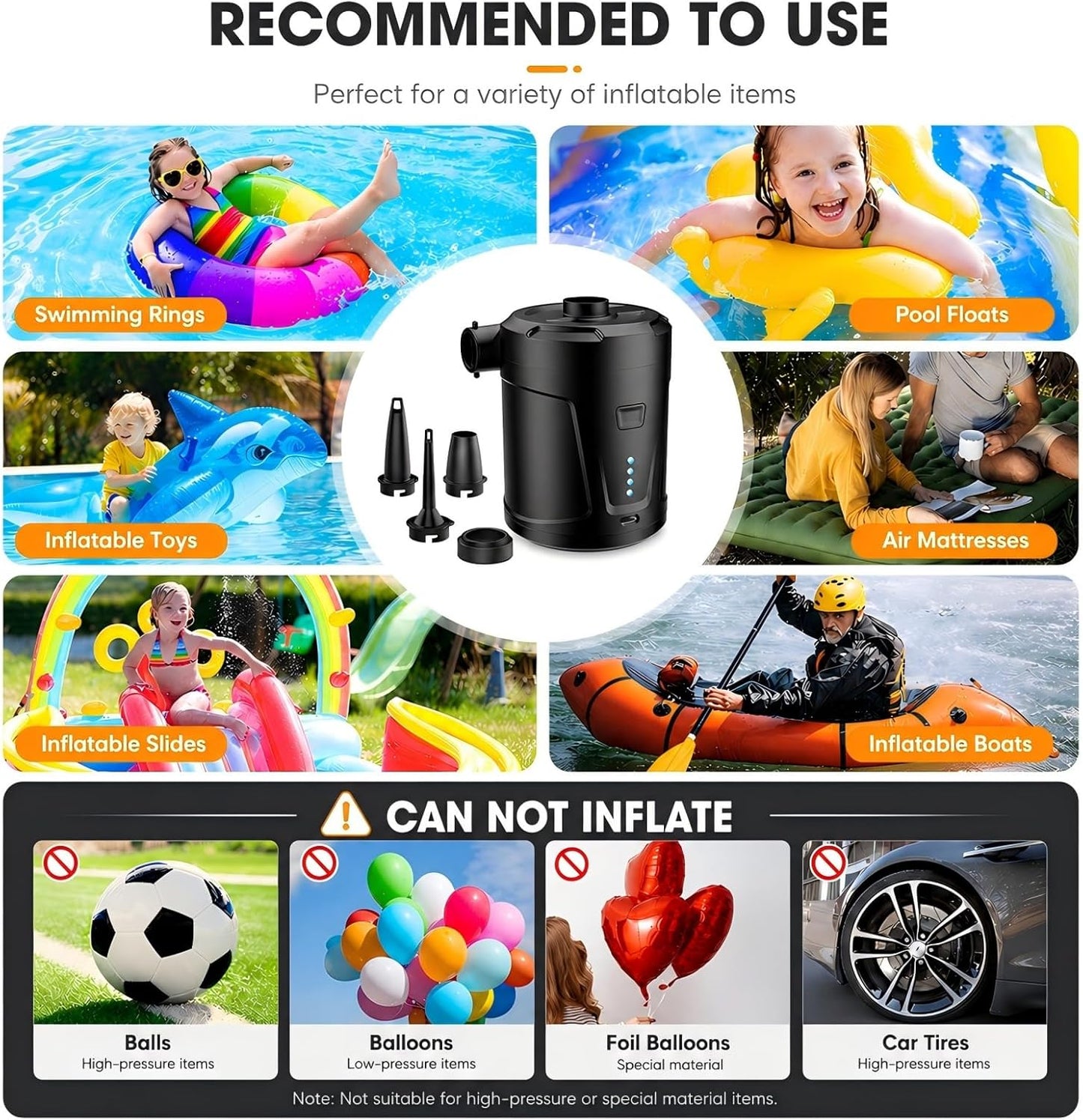 Air Pump for Inflatables,Air Mattress Pump,5200mAh Battery,Camping Essentials,Electric Air Pump,4 Air Nozzles,Fast Inflate,Inflatable mat,Air Mattresses Beds,Pool Floats,Vacuum Storage