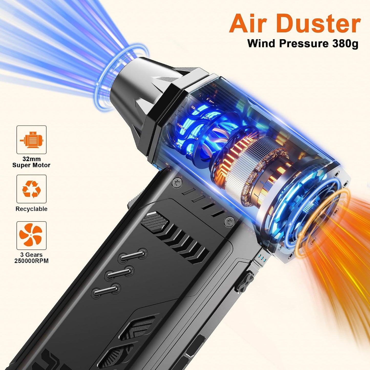 Electric air Duster，250,000RPM Super Power mini Blower,2 Swappable Battery | 3-speed adjustable rechargeable air duster with multiple nozzles，for cleaning car, keyboard, computer, leaves,home & outdoor.
