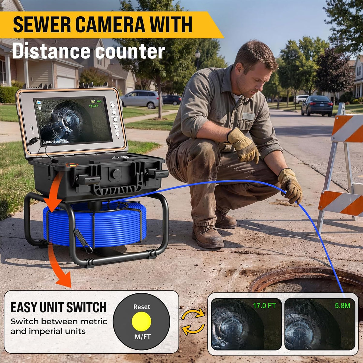 Anysun Sewer Camera, Drain Pipe Inspection Cam for DIY Home Plumbing | 1080P 9" IPS Screen, Self-Leveling, Distance Counter, 12 LEDs, Semi-rigid Cable, DVR 32GB, 5100mAh Rechargeable Battery