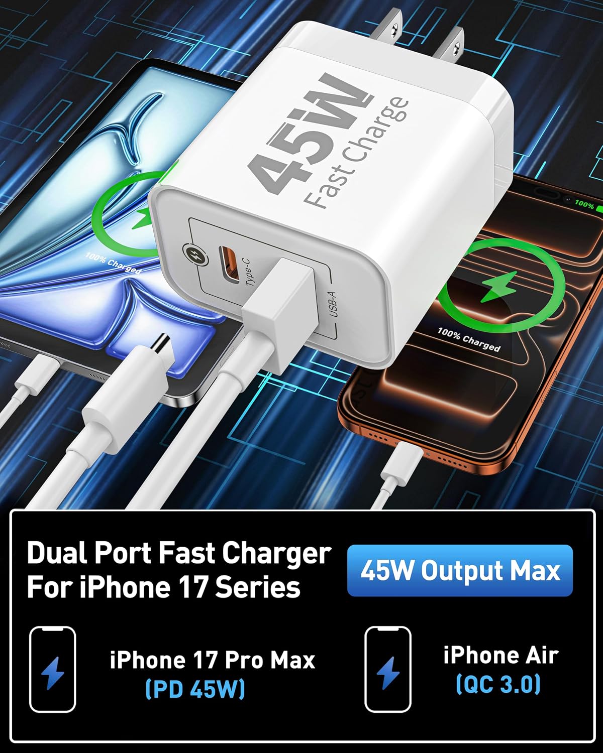 iPhone 18 Pro Max/18 Pro/Duo Charger Fast Charging, 3Pack 45W USB C Charger