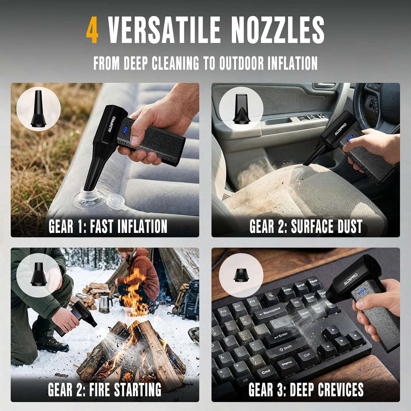 110000 RPM Brushless Compressed Air Duster for Deep PC Keyboard Cleaning | Air Duster with 4 Custom Nozzles for All Electronics, Car Interiors & Any Narrow Crevice, Reusable Canned Air Spray