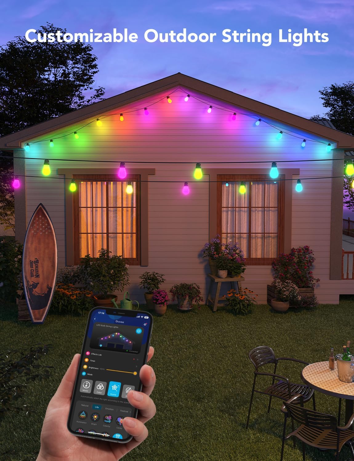 Govee Smart Outdoor String Lights H7015, 48ft RGBIC, IP65, 47 Scene Modes | 15 Dimmable LED Bulbs Outdoor Lights with Color Changing Warm White Lights for Patio, Backyard, App Control, Bluetooth