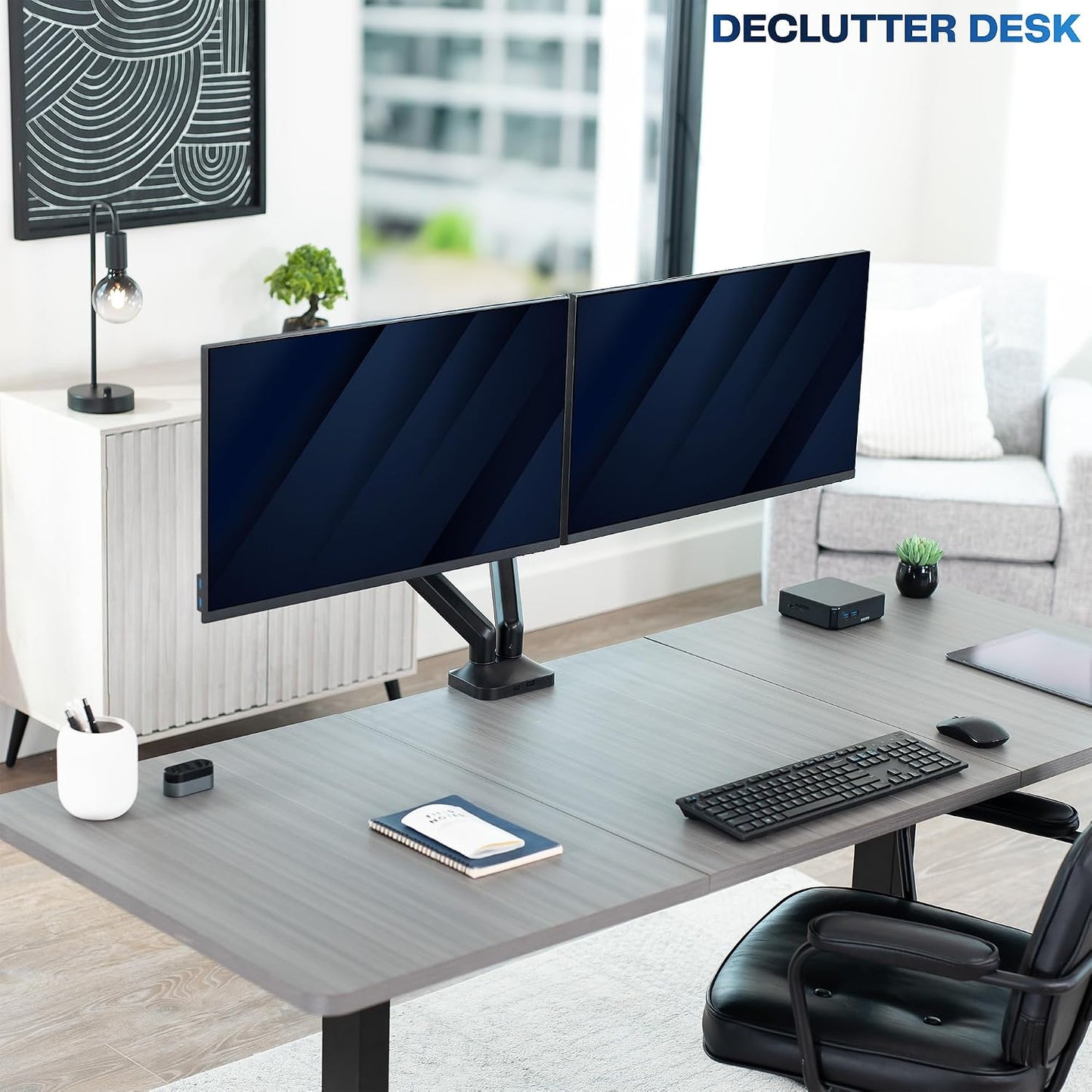 VIVO Dual Pneumatic Arm Ultra-Wide Monitor Mount for up to 35 inch Screens, Holds 26.4 lbs per Arm, Desk Mount Monitor Stand for 2 Ultrawides, Black, STAND-V200O