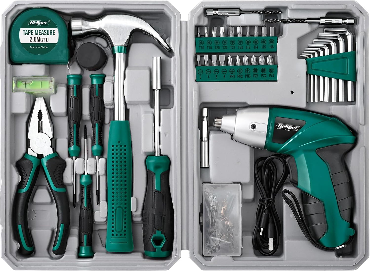 Hi-Spec 4V USB Electric Screwdriver Tool Kit for Home Repairs, Green | 42pc, fast assembly help, common screw bit selection, LED visibility, compact grip, quick household fixes, organized storage