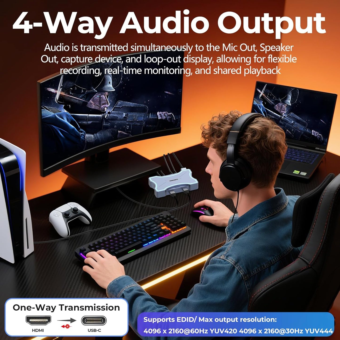 Guermok 4K@60Hz/ 2K@120Hz HDMI Video Capture Card with Touch LED, USB 3.0 | HDMI In/Loop-Out, Mic/Line In, 4K60 Passthrough, Live Game Capture for OBS Video Streaming, PS5/4, Xbox and Switch2/1 Gaming