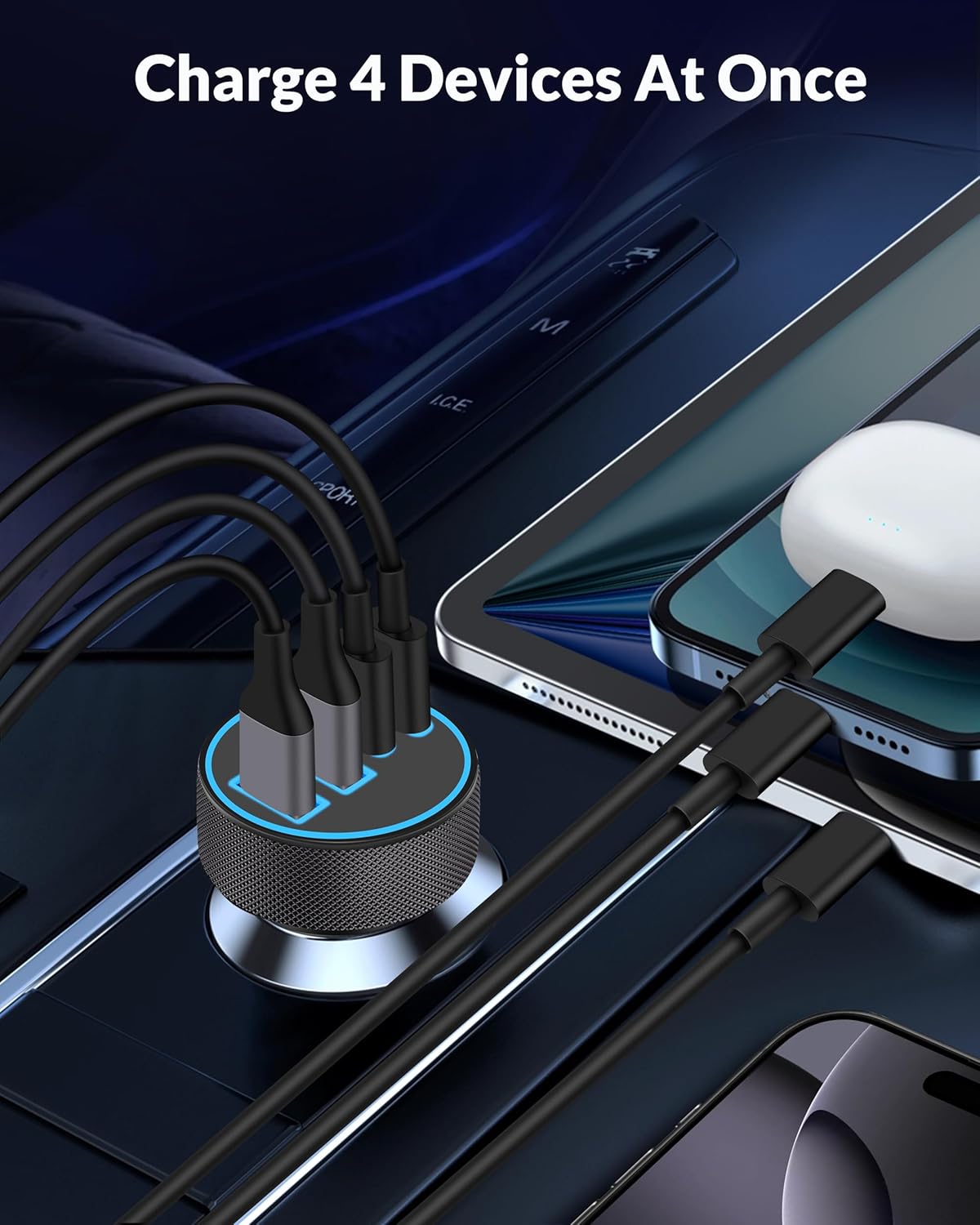 iPhone 17 16 15 Car Charger Fast Charging, 90W 4Port USB C Fast Car Charger | Cigarette Lighter Adapter, with 240W 3FT USB-C Cable, for iPhone 17/Air/17 Pro Max/17e/16/15 Pro Max/Plus/16e, iPad, Android