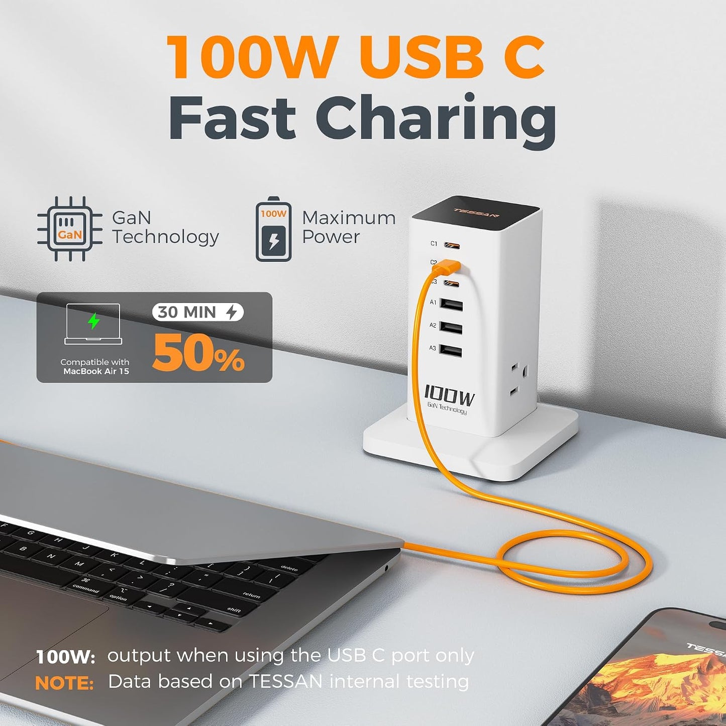 TESSAN 100W USB Charging Station for Multiple Devices 9-in-1 USB Charger | Desktop Accessories with 3 AC Outlet, 3 USB C, 3 USB A for iPhone 17/16/15, MacBook, Tablet, Home Drom Office, White