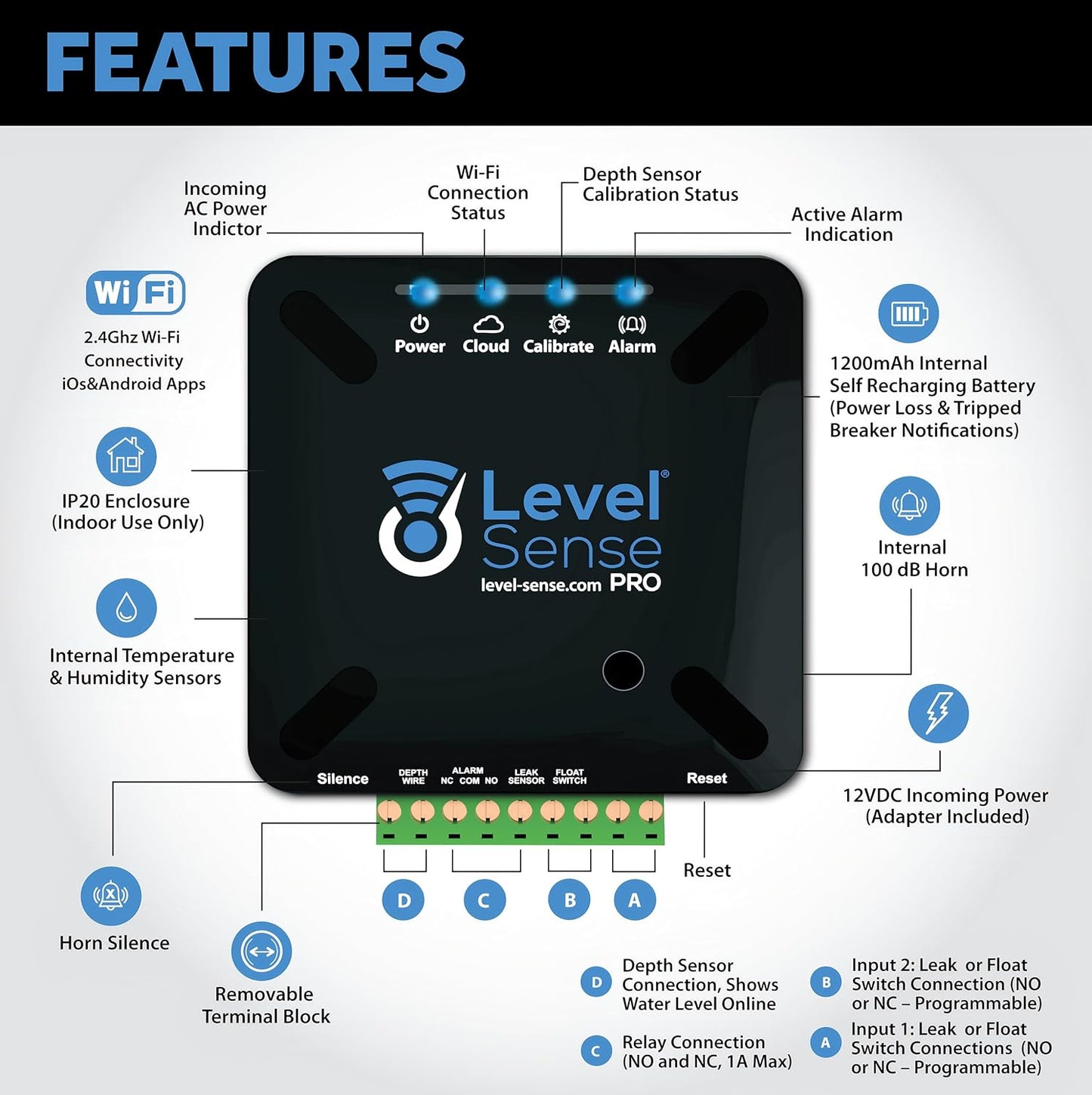 Pro Wi-Fi Enabled Sump Pump Alarm, Features Include: High Water Alarm, Water Leak Detector, Power Failure Detection, Temperature and Humidity Sensor