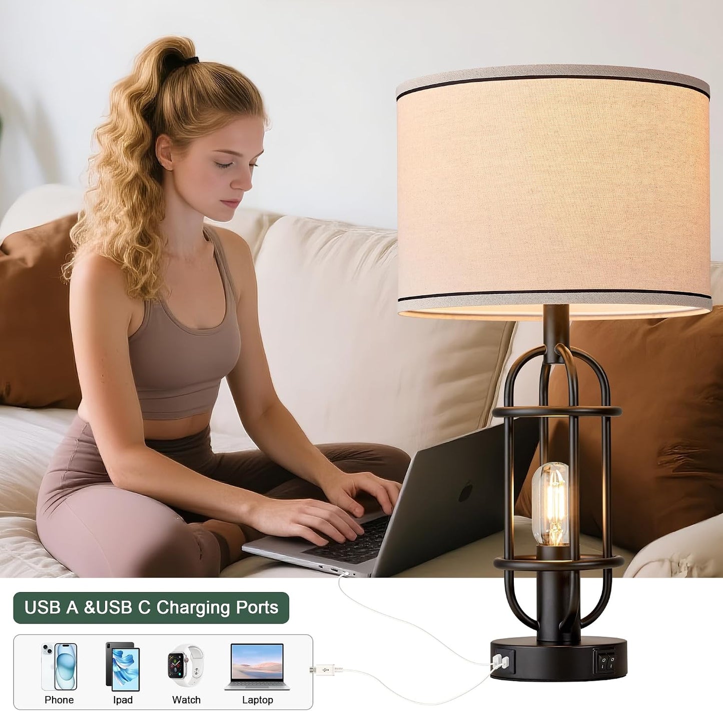 Reaketon Black Table Lamps for Living Room Set of 2, 22.3" Farmhouse Lamps for Nightstand, Industrial Table Lamps for Bedroom with USB Ports, Bulbs Included