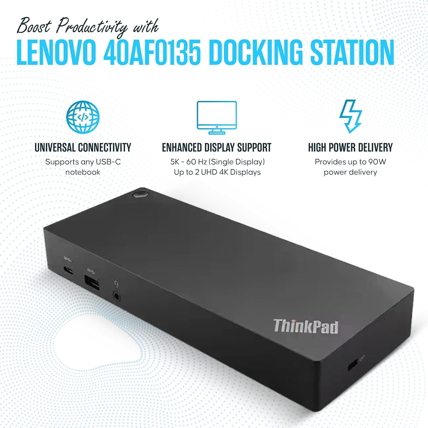 40AF0135US Lenovo Docking Station Dual Monitor - ThinkPad Dock USB-C, USB-A | Dual Monitor Support – Connect multiple displays with 135W Adap TER, HDMI & DisplayPort outputs