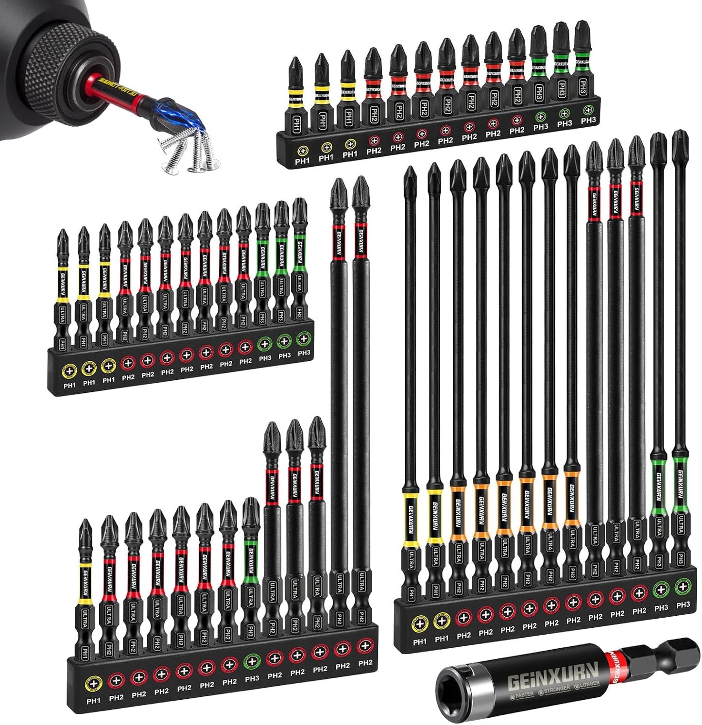 52pcs Impact #1#2#3 Phillips Screwdriver Bits Set, 1” 2” 3” 6” (PH1/PH2/PH3) Magnetic S2 Steel Cross Driver Bits Set and 1pc Impact Bit Holder with Color Coded Base