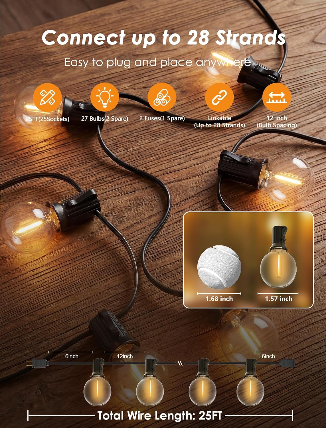 25FT G40 LED Globe Outdoor String Lights with 25 Plastic Shatterproof Bulbs | 2700K Warm White, IP65 Waterproof Hanging Connectable Globe Lights for Patio, Backyard, Bistro, Porch, Black Wire