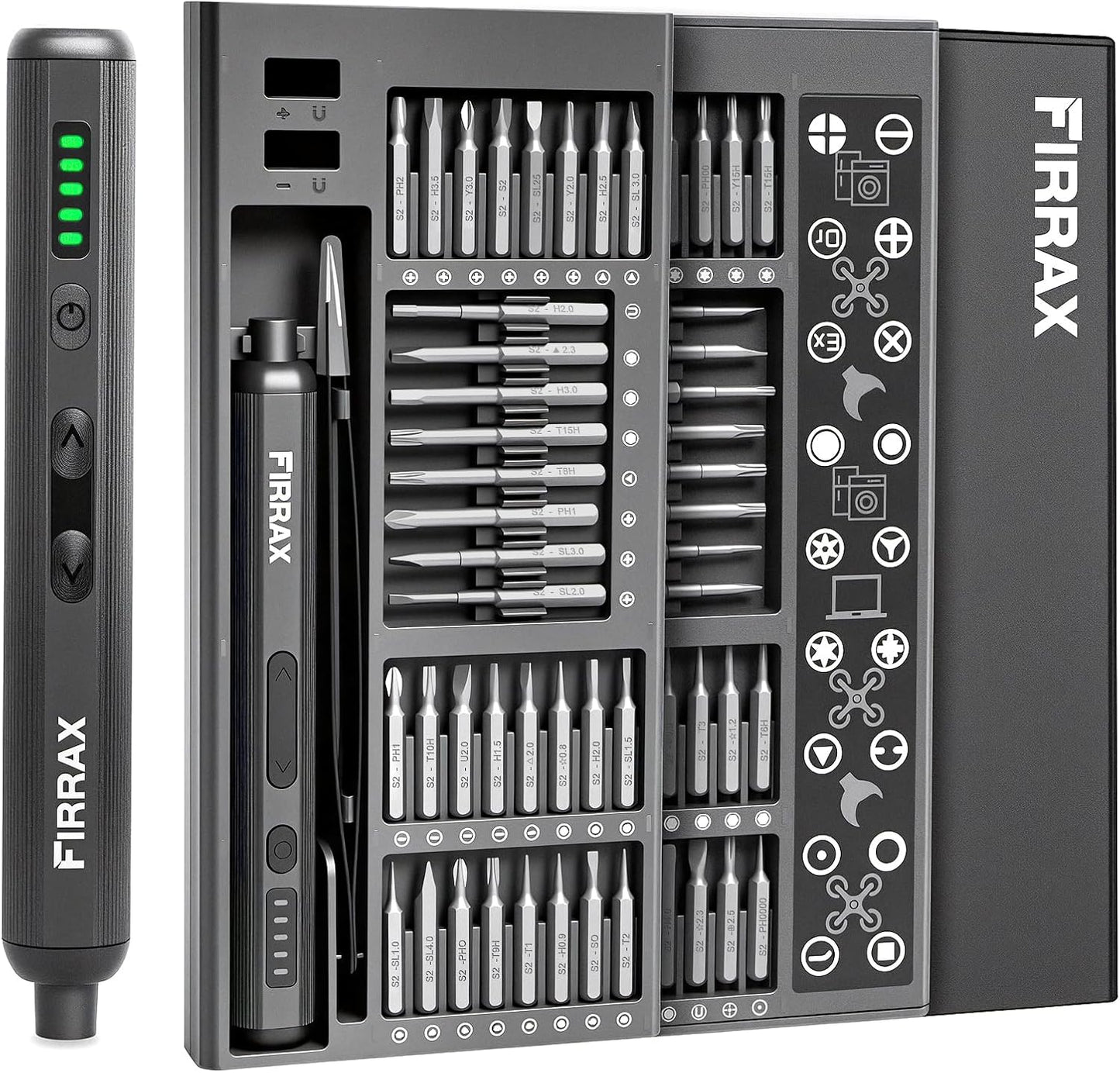 Mini Electric Screwdriver, FIRRAX 76-in-1 Electric Precision Screwdriver | 5 Torque Settings, 64 Bits, LED Lights, Power Screwdriver Repair Tool Kit for PC Phone Camera
