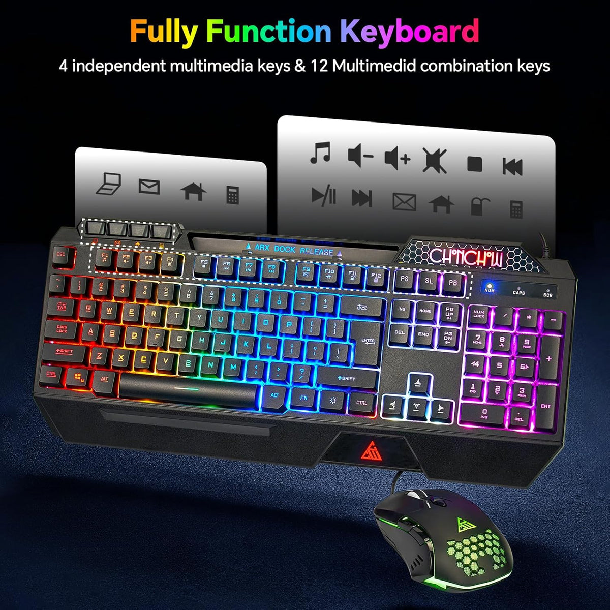 CHONCHOW Gaming Keyboard and Mouse Combo, Wired RGB Set for PC PS4 PS5 Xbox | Phone Holder, Ergo Wrist Rest, Full Size, Anti-Ghosting, USB Silent Light Up Keyboard, 7D 7200DPI Gaming Mouse, Mouse Pad