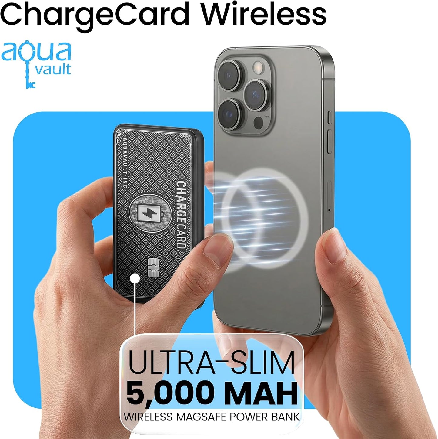 AquaVault ChargeCard Wireless Charge Card Phone Charger 5000mAh MagSafe 20W | Black, fits in your wallet. Magnetic attachment works with iPhone 12-17 and Android. 20W fast charge, 5000mAh capacity.