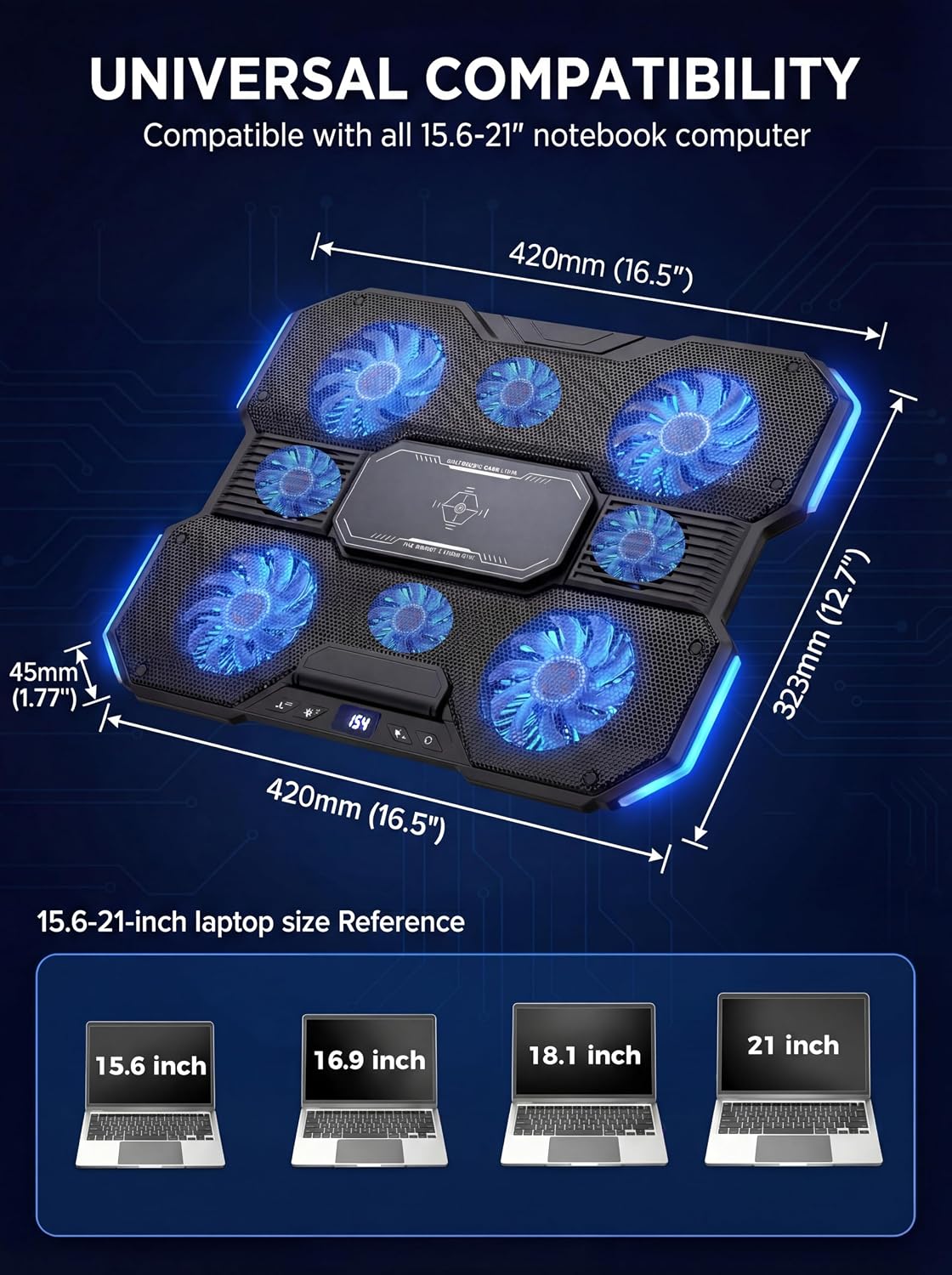 Laptop Cooling Pad with 8-Fan &Thermoelectric Cooler for 15.6-21In Laptops | 5-Speed Independent Control, 10 RGB Lights, 7-Height Adjustable Metal Panel Laptop Cooler