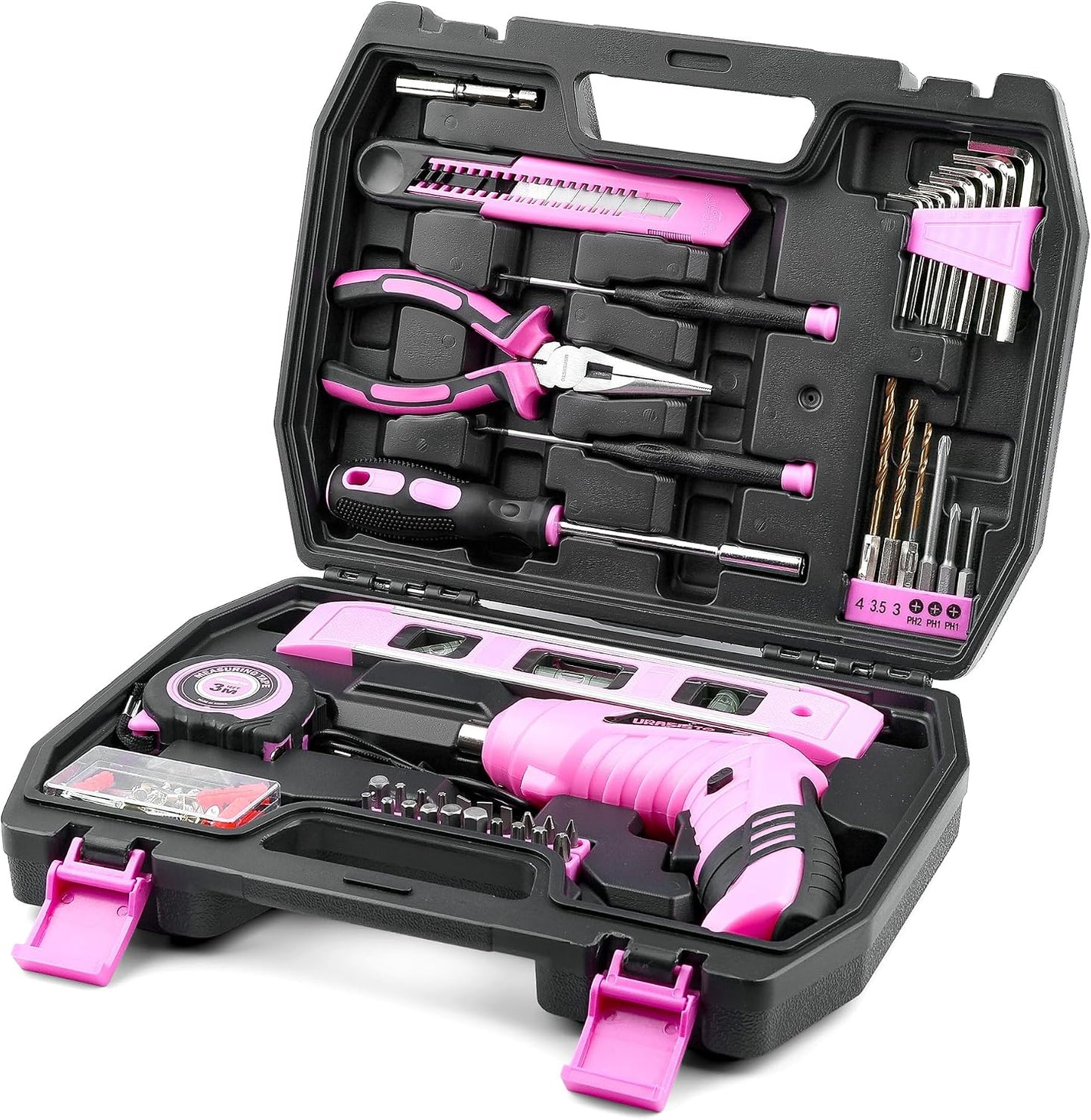 URASISTO 123 Piece Pink Household Tool Set with 3.6V USB Electric Screwdriver, Home Tool Kit with Cordless Lithium-ion Drill Driver, HandTool Kits for Women