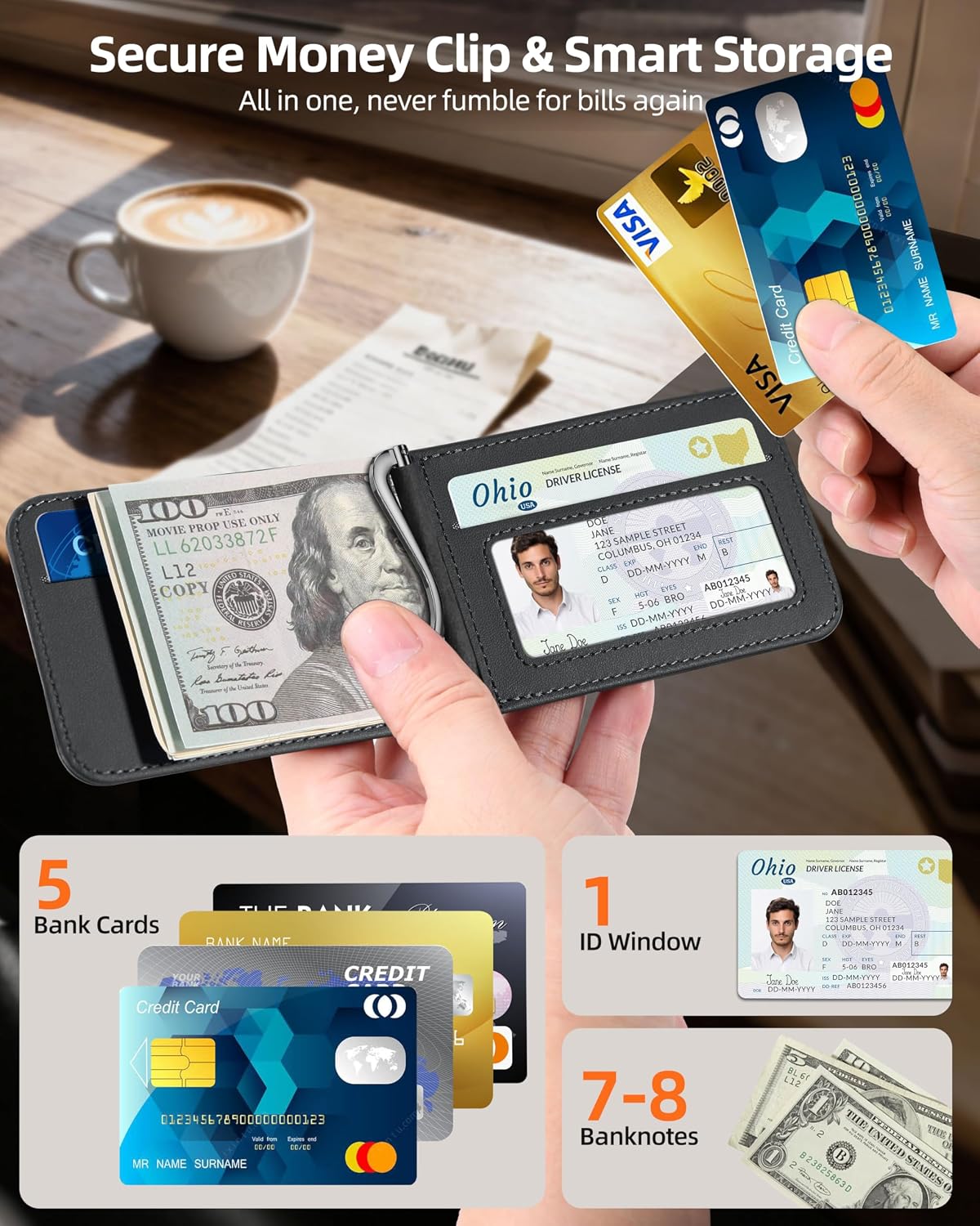 for Magsafe Wallet with Money Clip, 5 Card Holder with Stand | Strongest Magnetic Wallet for iPhone 17/16/15/14/13/12 Series, ID Window, RFID Blocking, Not for 13/12 Mini, Black