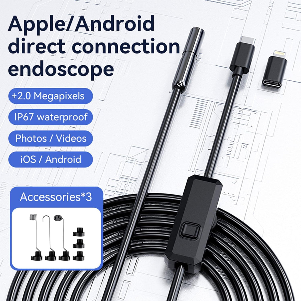 1920P HD 9.8FT Endoscope Camera with Light, Borescope with 8 Adjustable LED Lights, USB Type C, Inspection Camera with Semi-Rigid Snake Cable for Android and iOS Smartphones, iPhone, iPad.