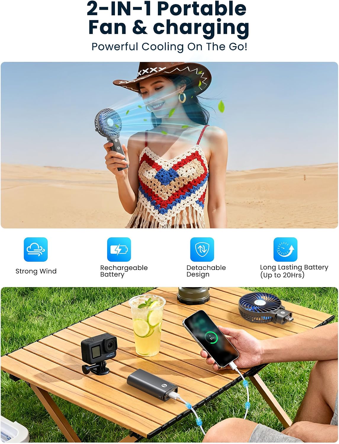 HandFan 5200mAh Portable Handheld Fan Rechargeable - 3 Speeds Foldable Personal Cooling, 2-IN-1 Hand Held Fan Battery Operated, 20H Runtime for Disney/Travel/Summer/Concerts/Women (Black&Blue)