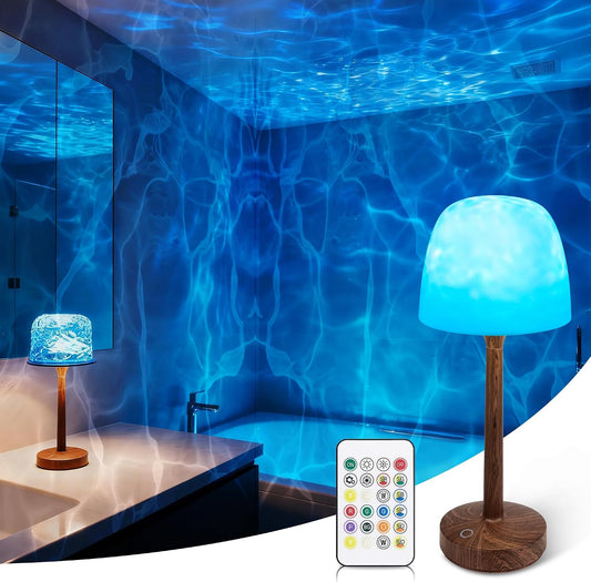 Waterproof Shower Lamp, Bathroom Lamp with Ocean Wave Projector Walnut Wood | Spa-Like Rechargeable Shower Light with Remote&Touch Control Dimmable,16 RGB Color, Cordless Mood Light for Inside Showe