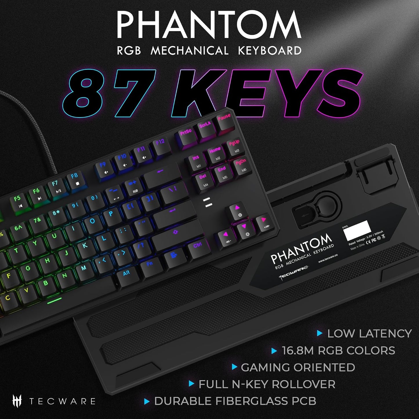 TECWARE Phantom 87 Key RGB Mechanical Gaming Keyboard | Outemu Red Switch | 16.8M Color LED Lighting | 18 Pre-Set | Low Latency | N-Key Rollover | Software Customizable Keys | Wired USB Connection