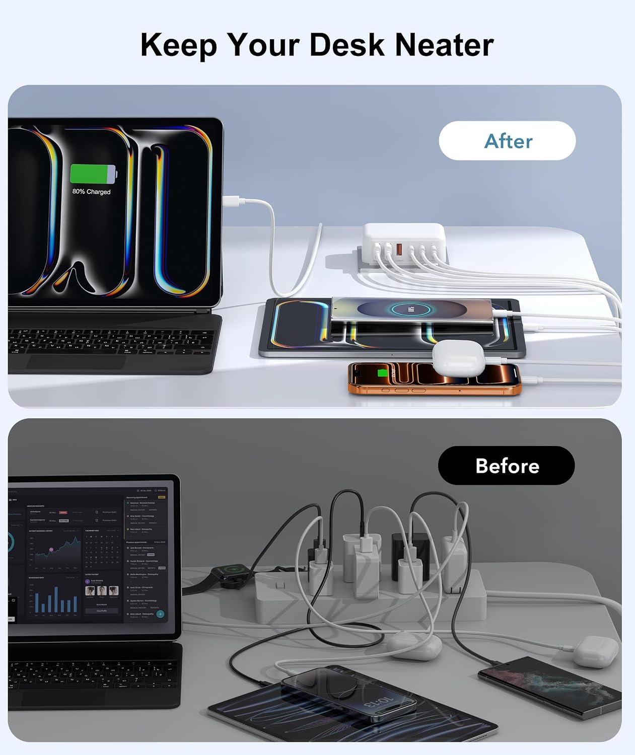Fast Charger Block, GaN 6 Port USB C Charging Station Hub Cube, 100W Multiport Type C Wall Charger Power Strip Plug with PD 3.0+QC for iPhone13 14 15 16 17 Pro Max XR XS 8 7, Samsung, iPad, Table